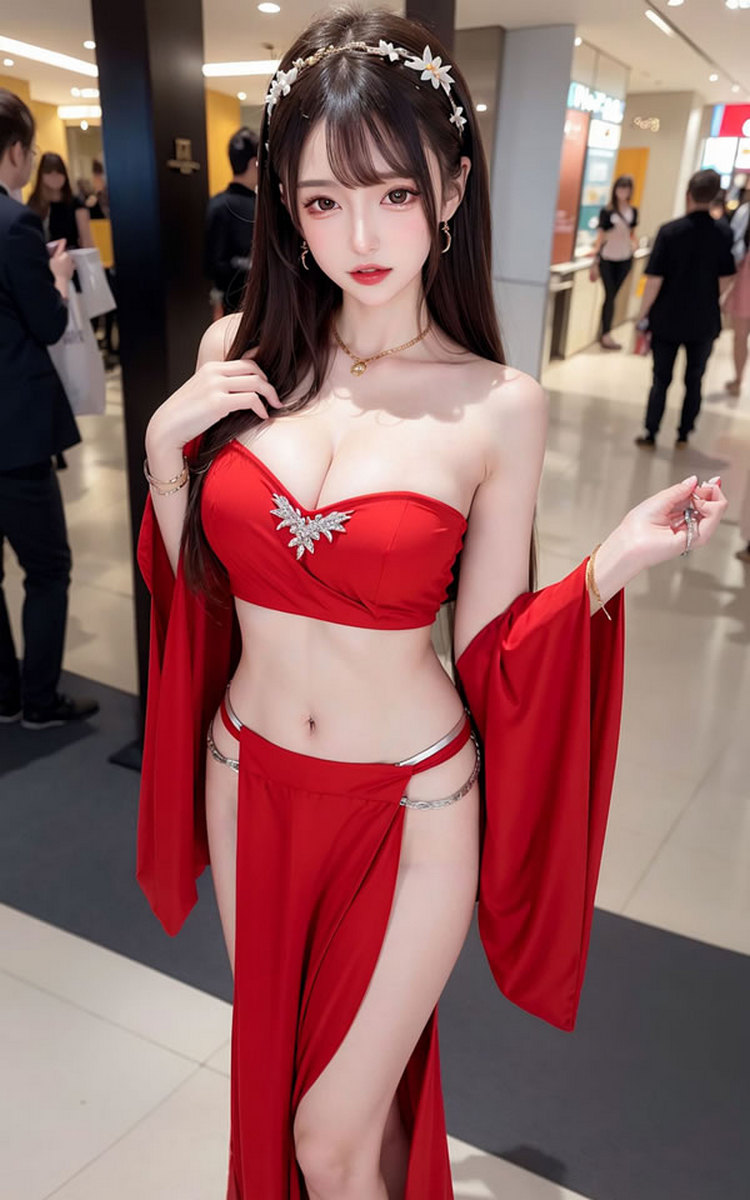 商場里紅衣飄然的AI美女熱情如火焰