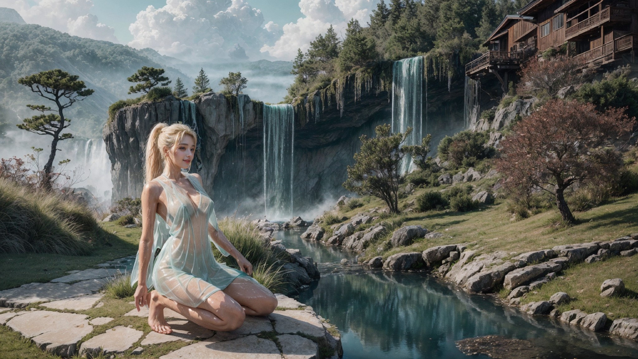 See-through dress under the waterfall1