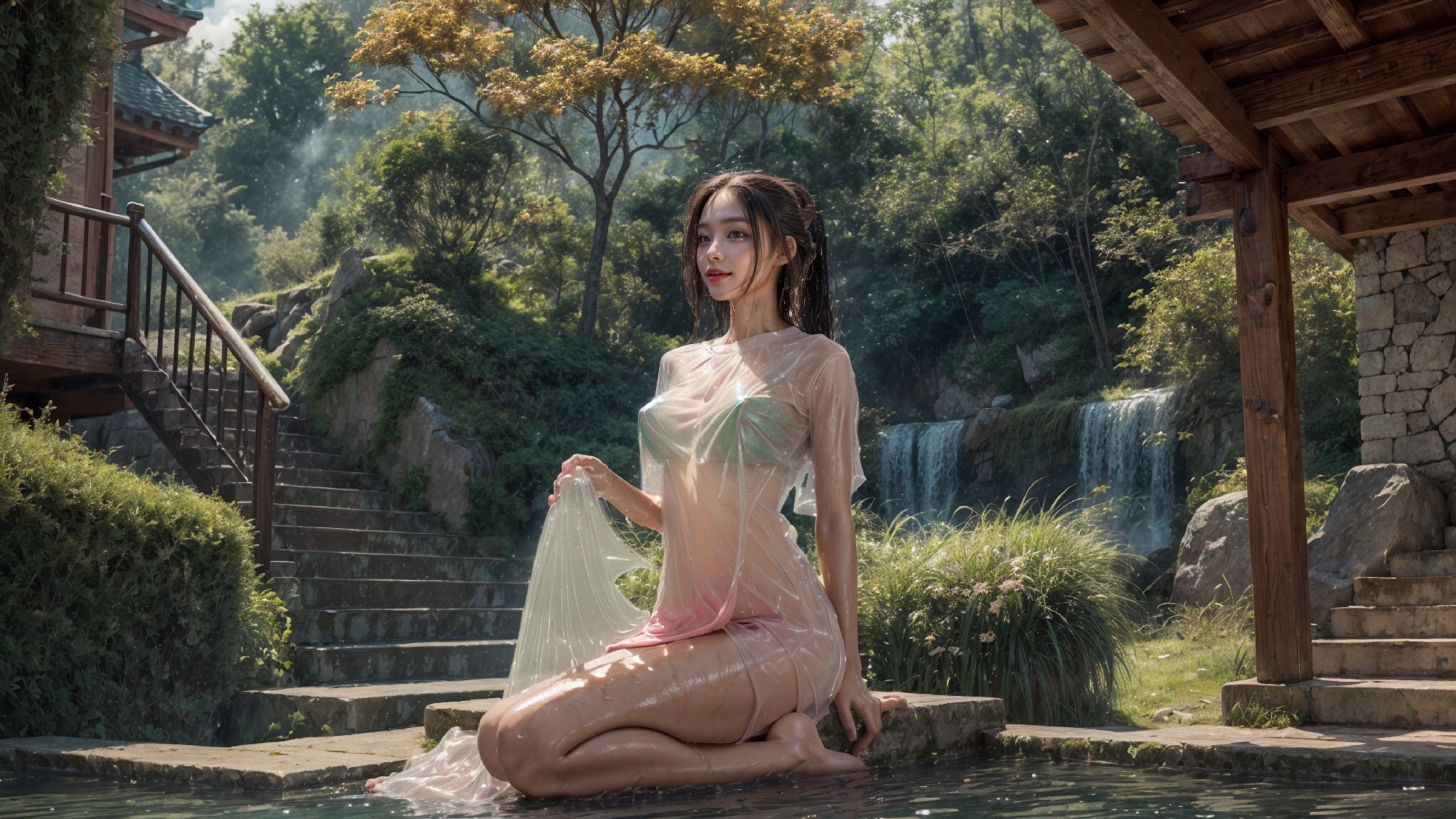 See-through dress under the waterfall1