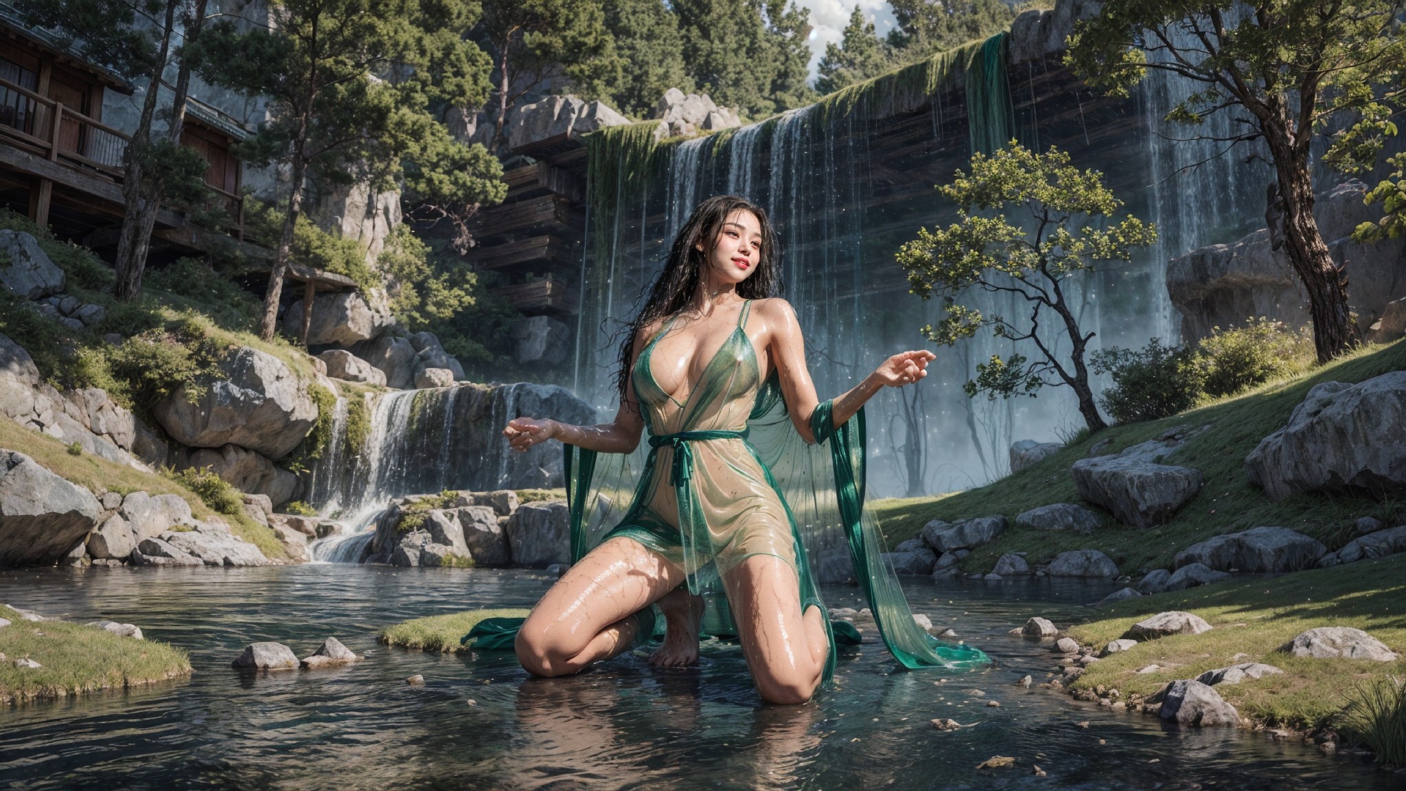 See-through dress under the waterfall1