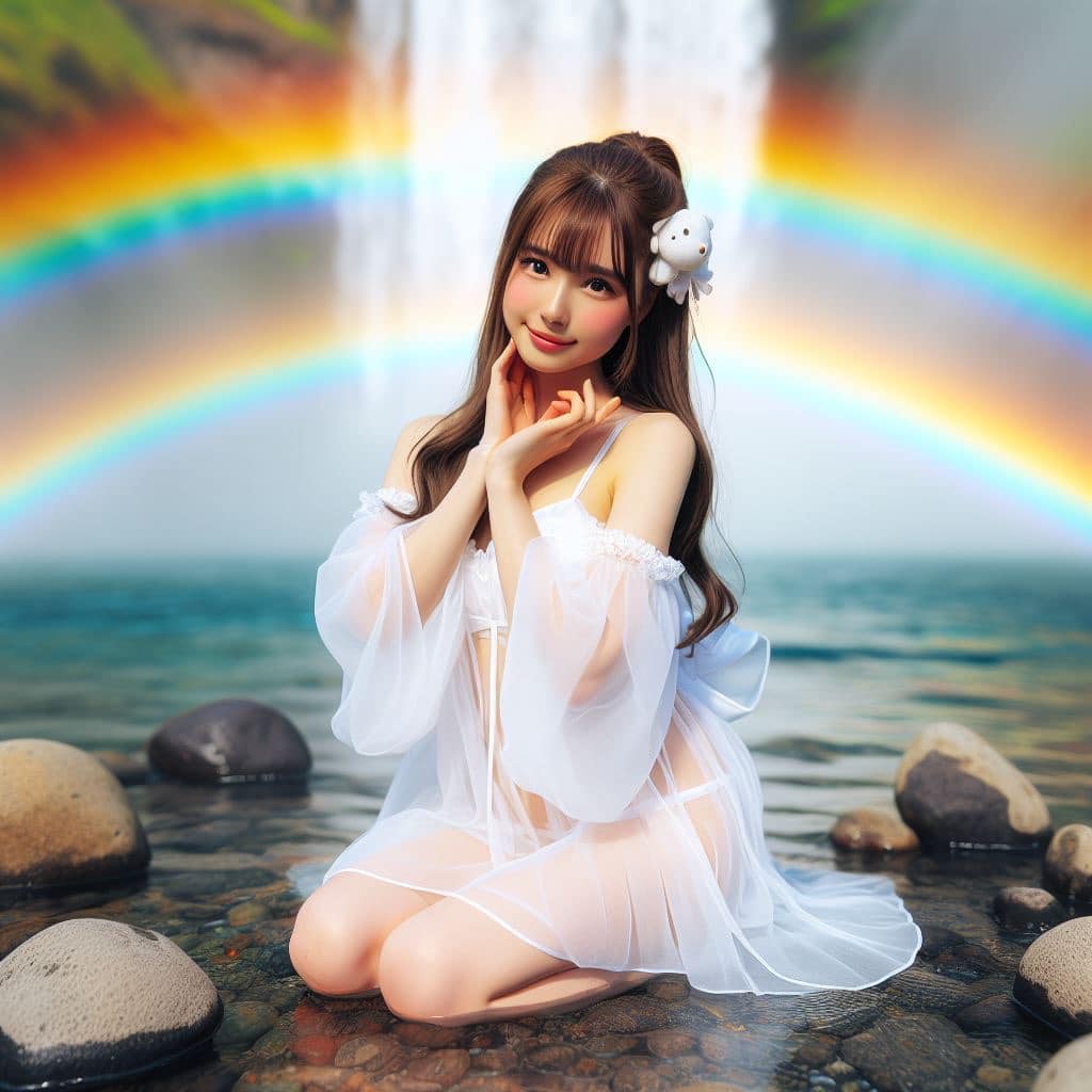 彩虹瀑布下的美女