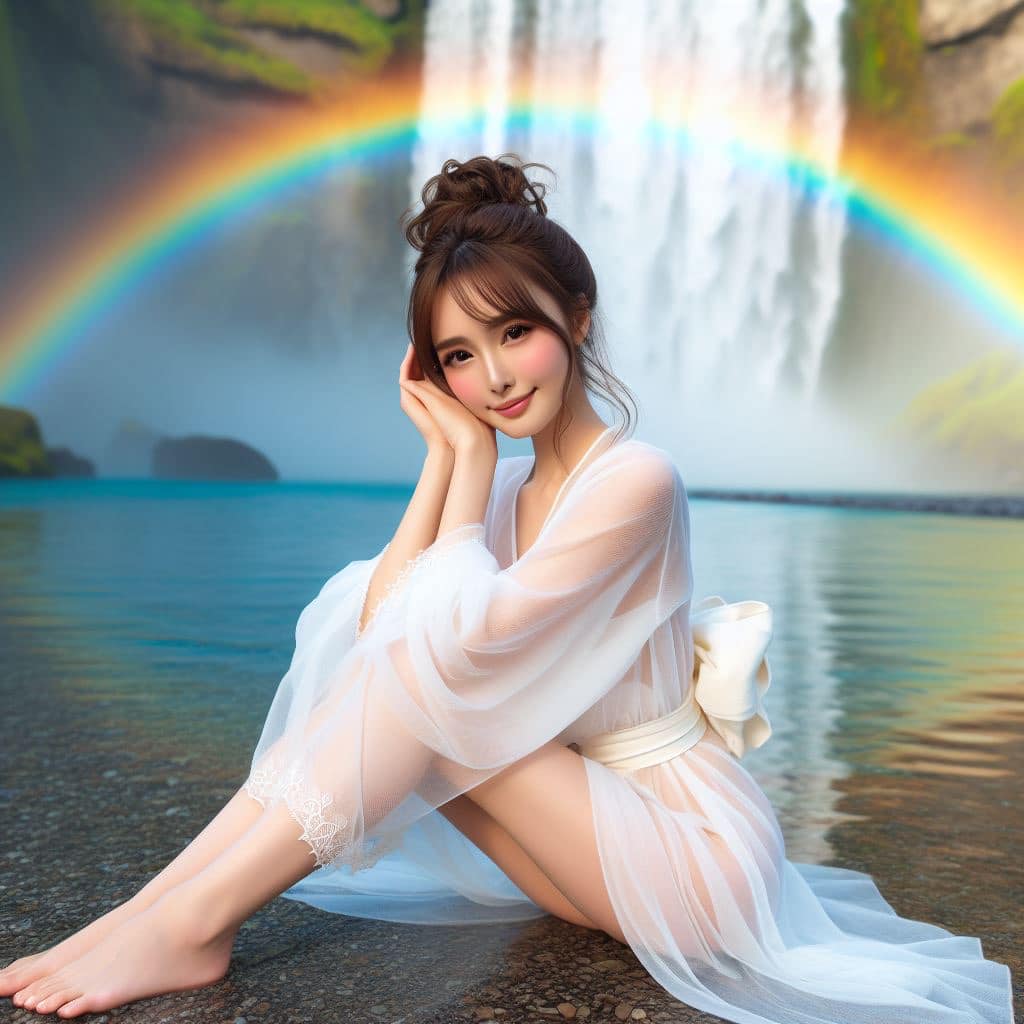 彩虹瀑布下的美女