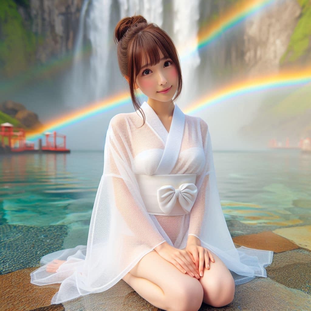 彩虹瀑布下的美女
