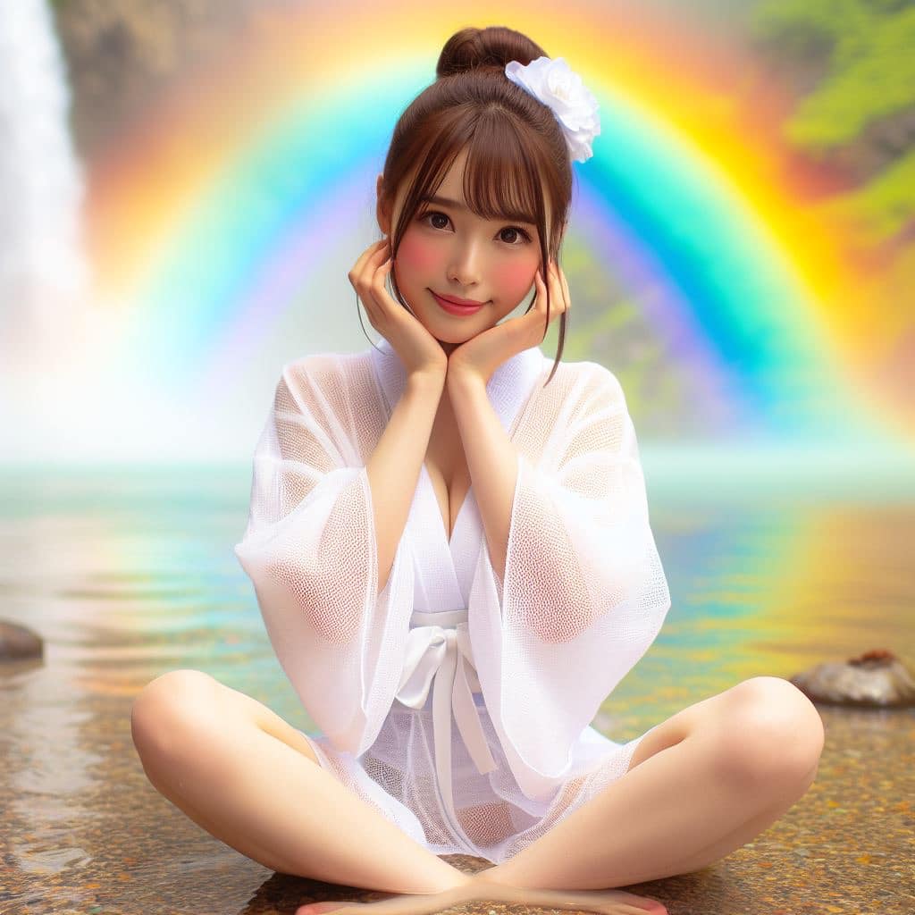 彩虹瀑布下的美女