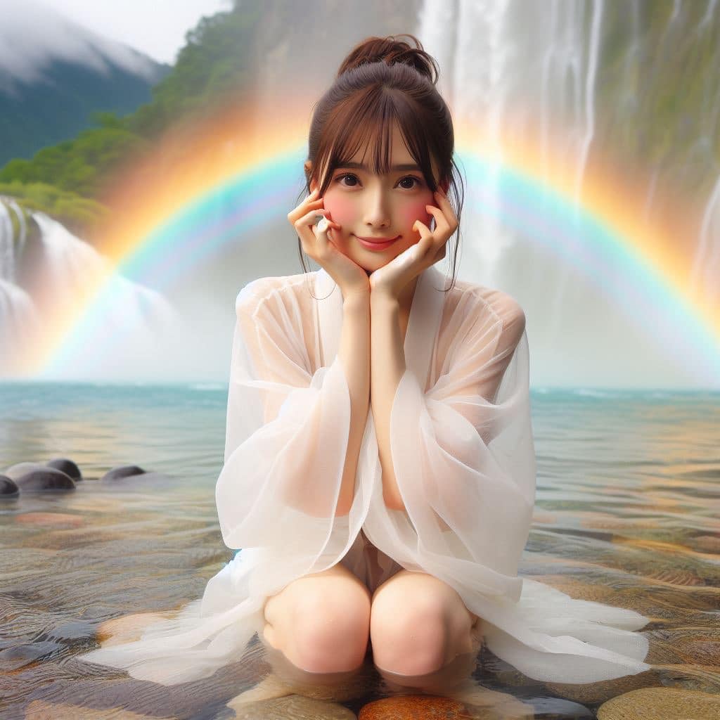 彩虹瀑布下的美女
