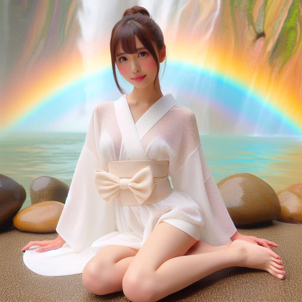 彩虹瀑布下的美女