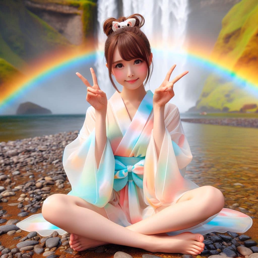 彩虹瀑布下的美女