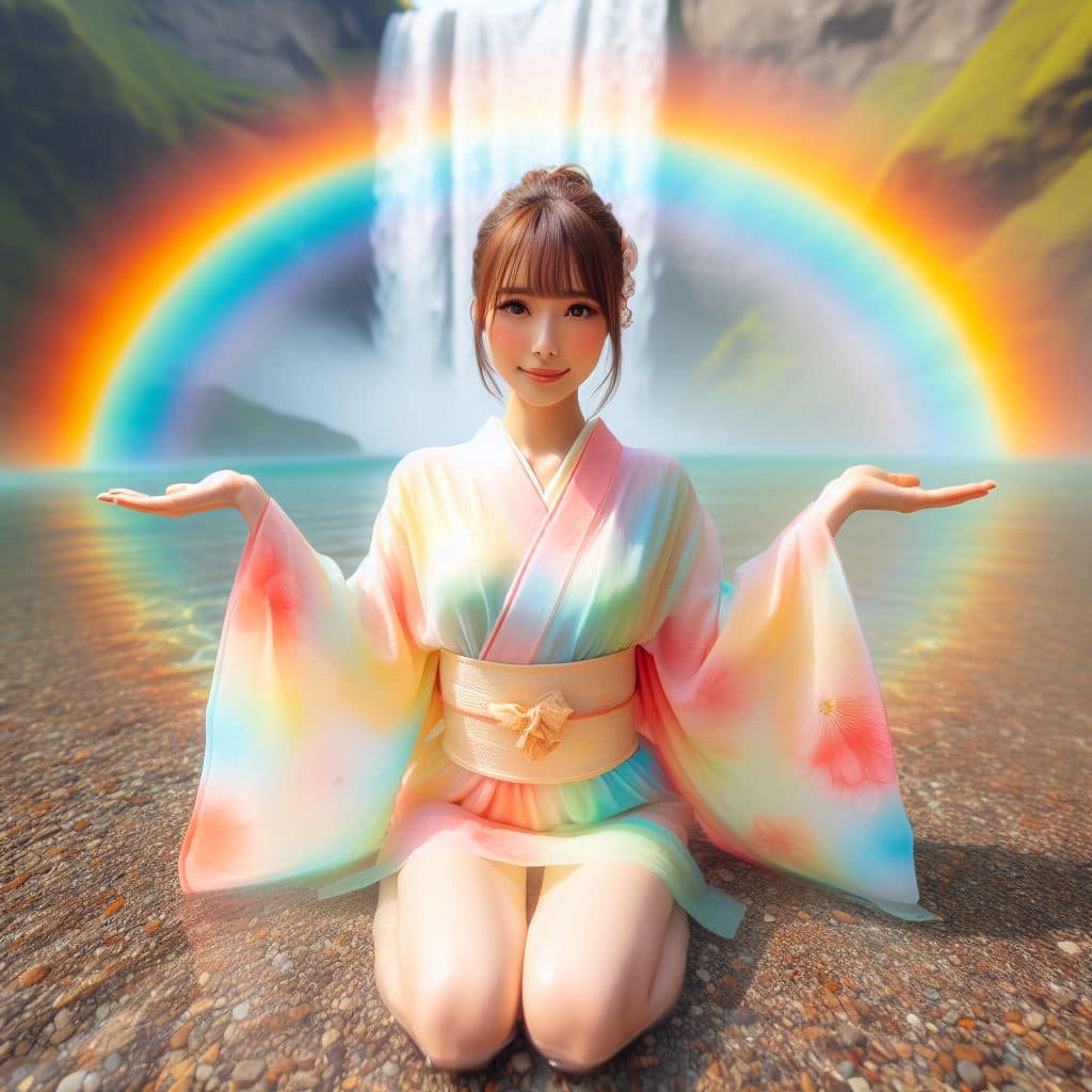 彩虹瀑布下的美女