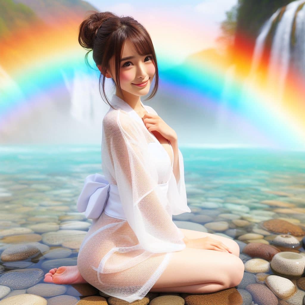 彩虹瀑布下的美女