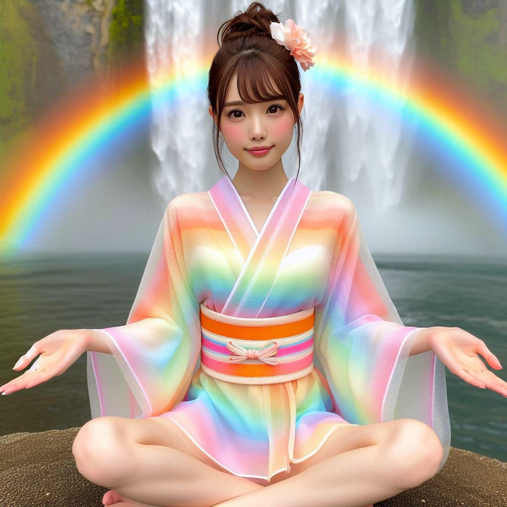 彩虹瀑布下的美女