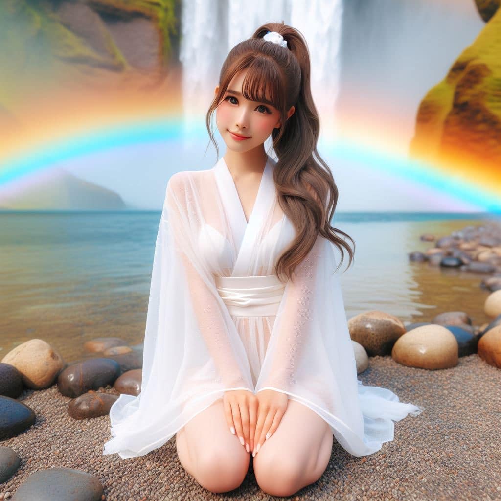 彩虹瀑布下的美女