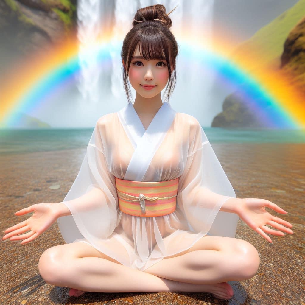 彩虹瀑布下的美女