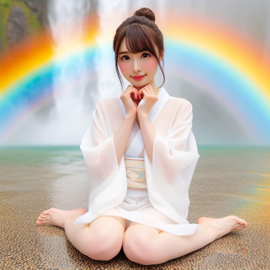 彩虹瀑布下的美女