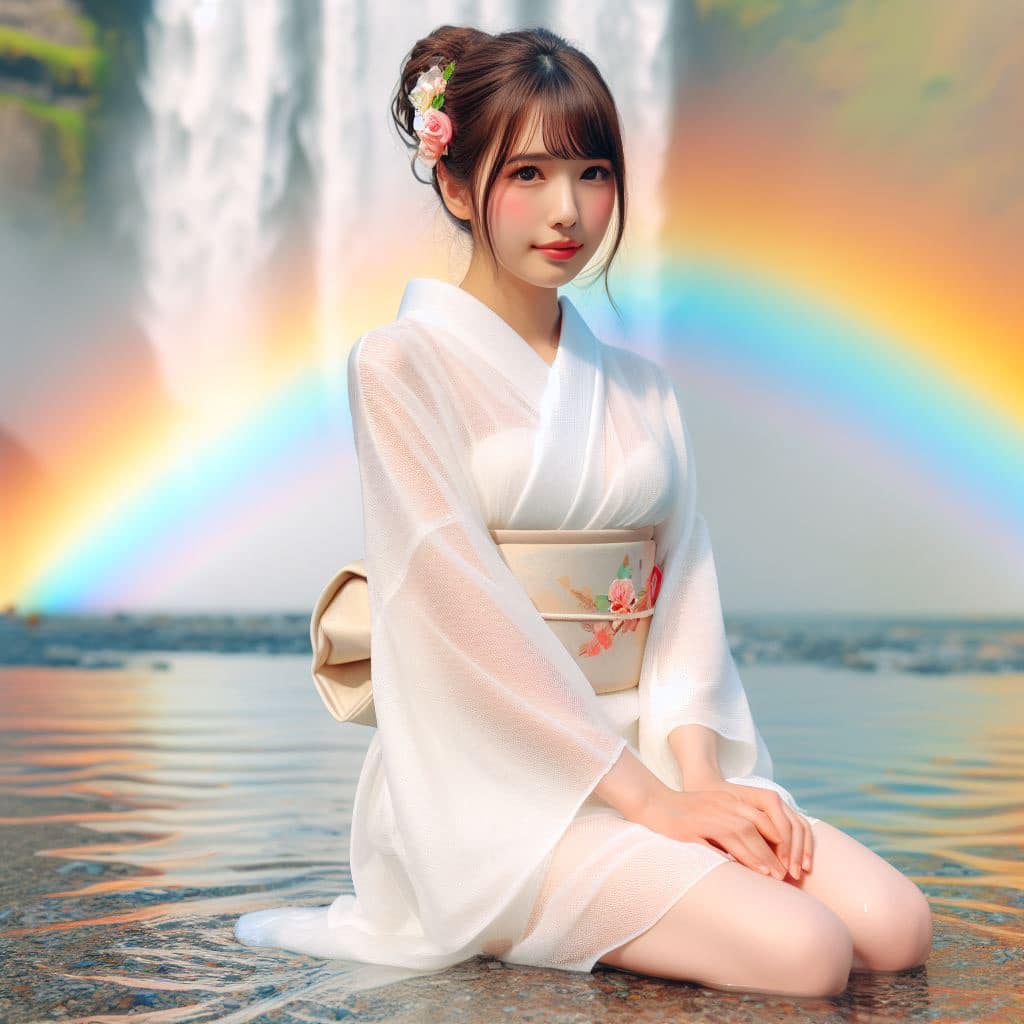 彩虹瀑布下的美女