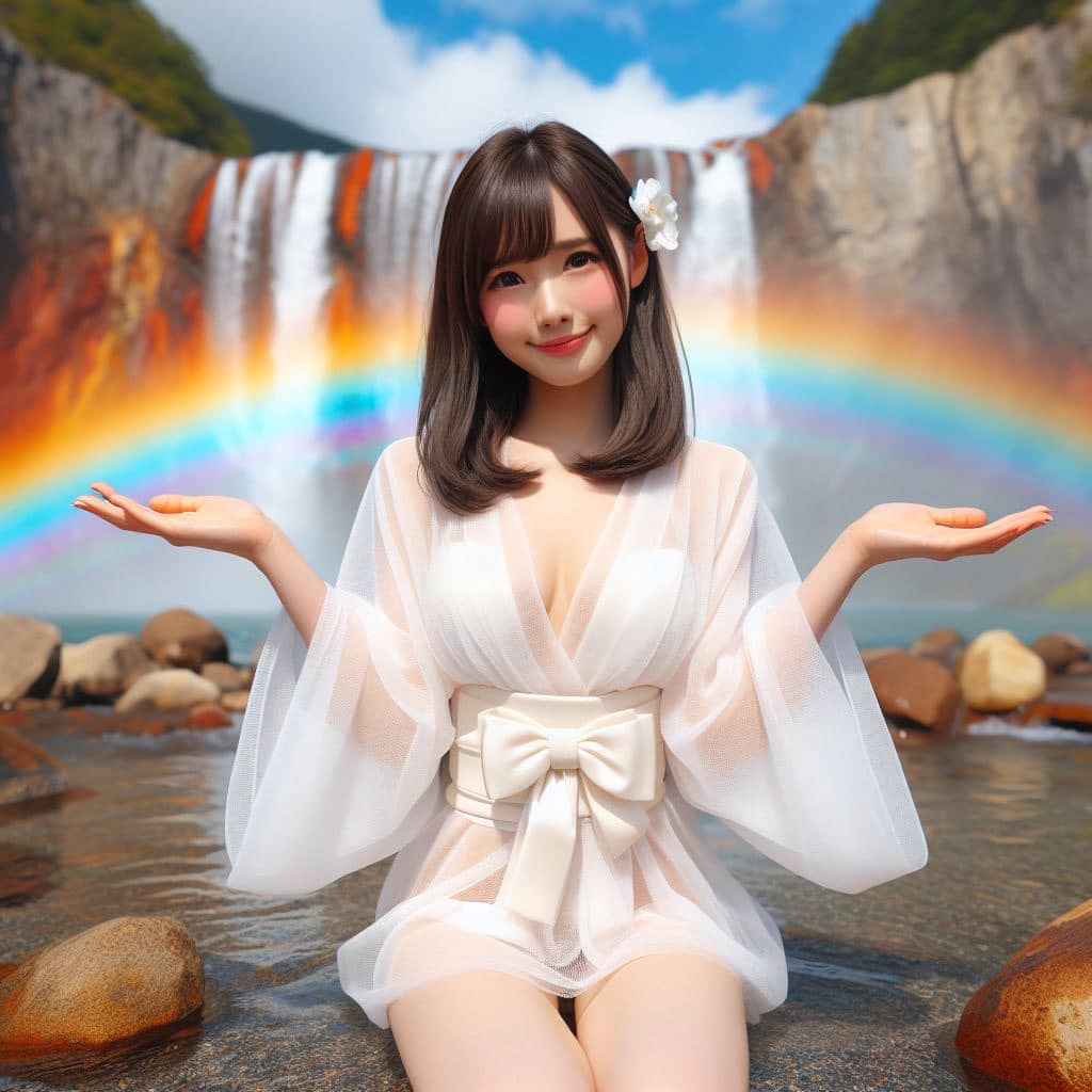 彩虹瀑布下的美女