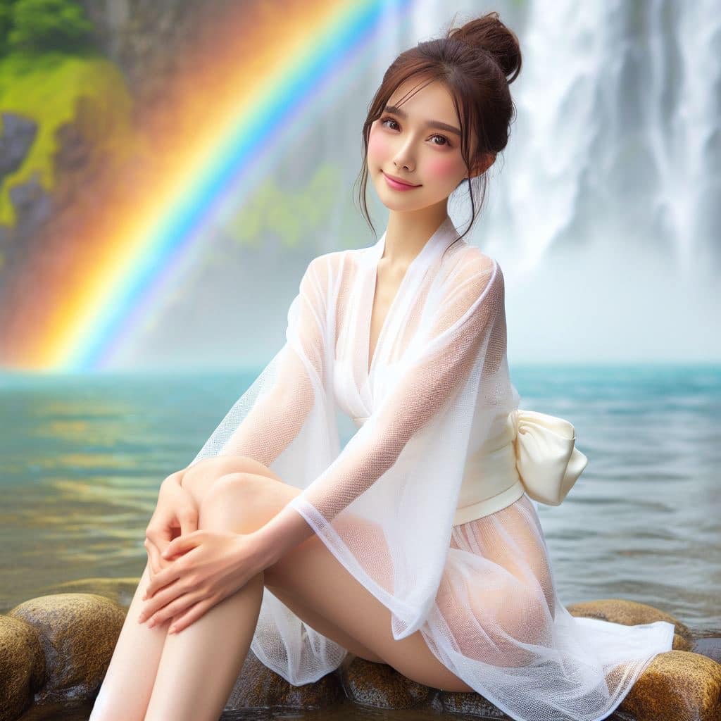 彩虹瀑布下的美女