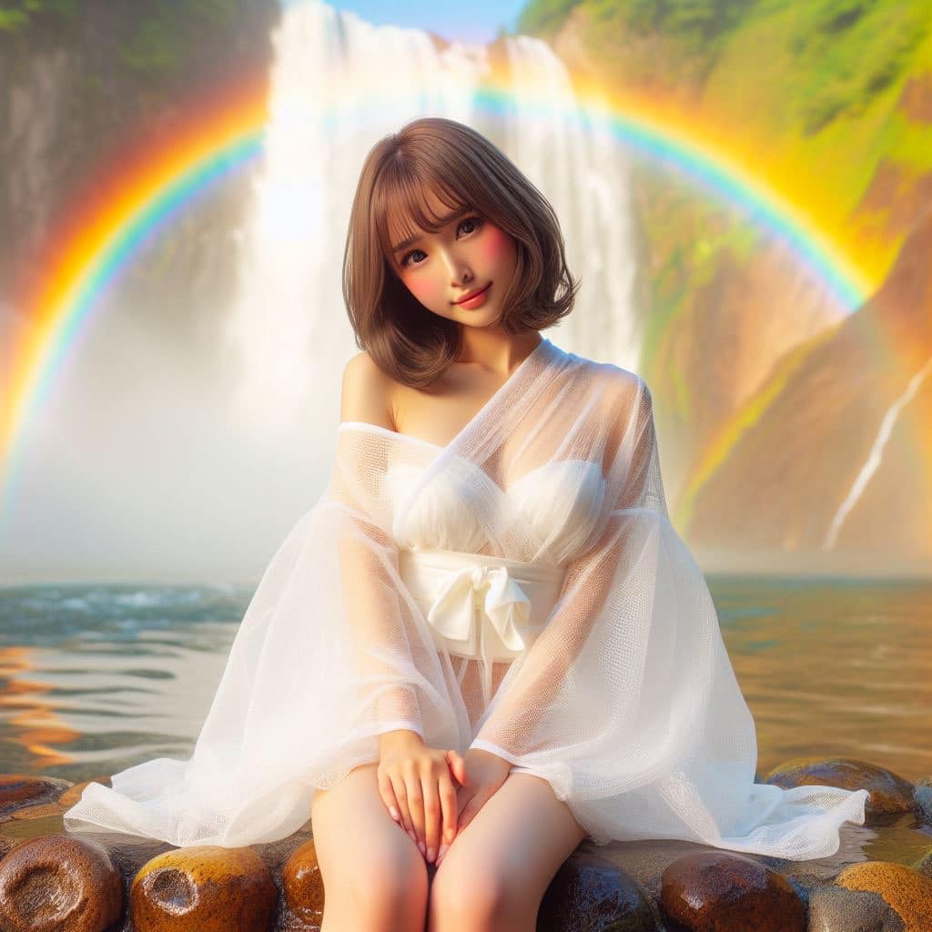 彩虹瀑布下的美女