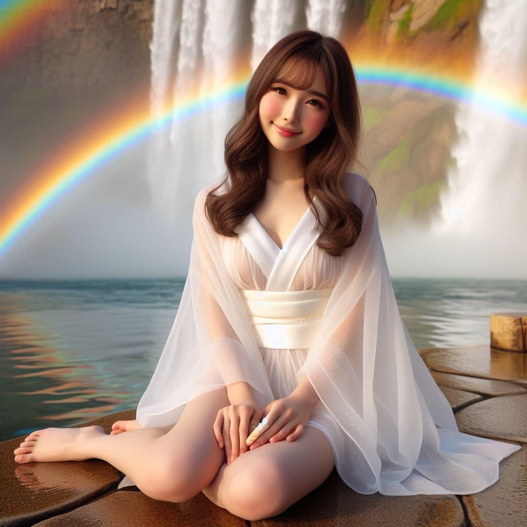 彩虹瀑布下的美女
