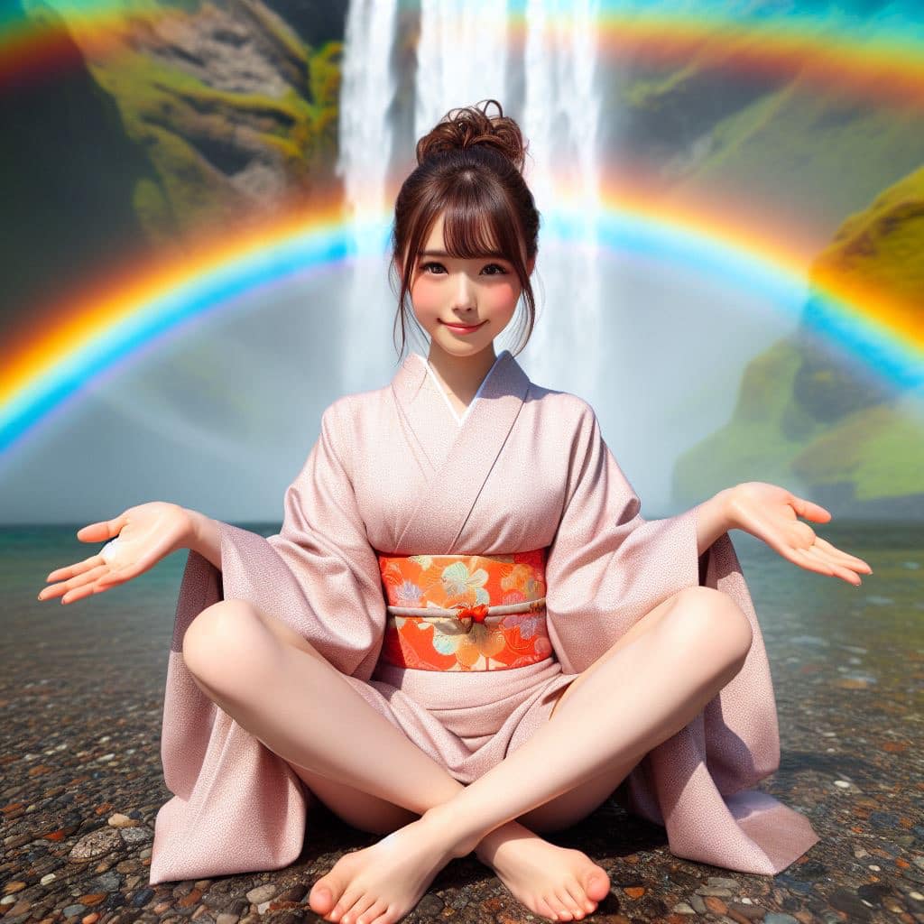彩虹瀑布下的美女