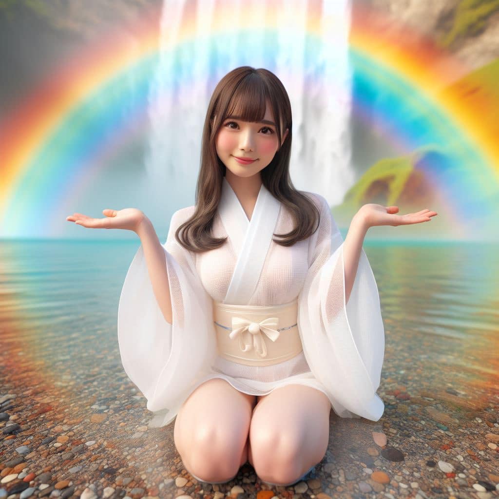 彩虹瀑布下的美女