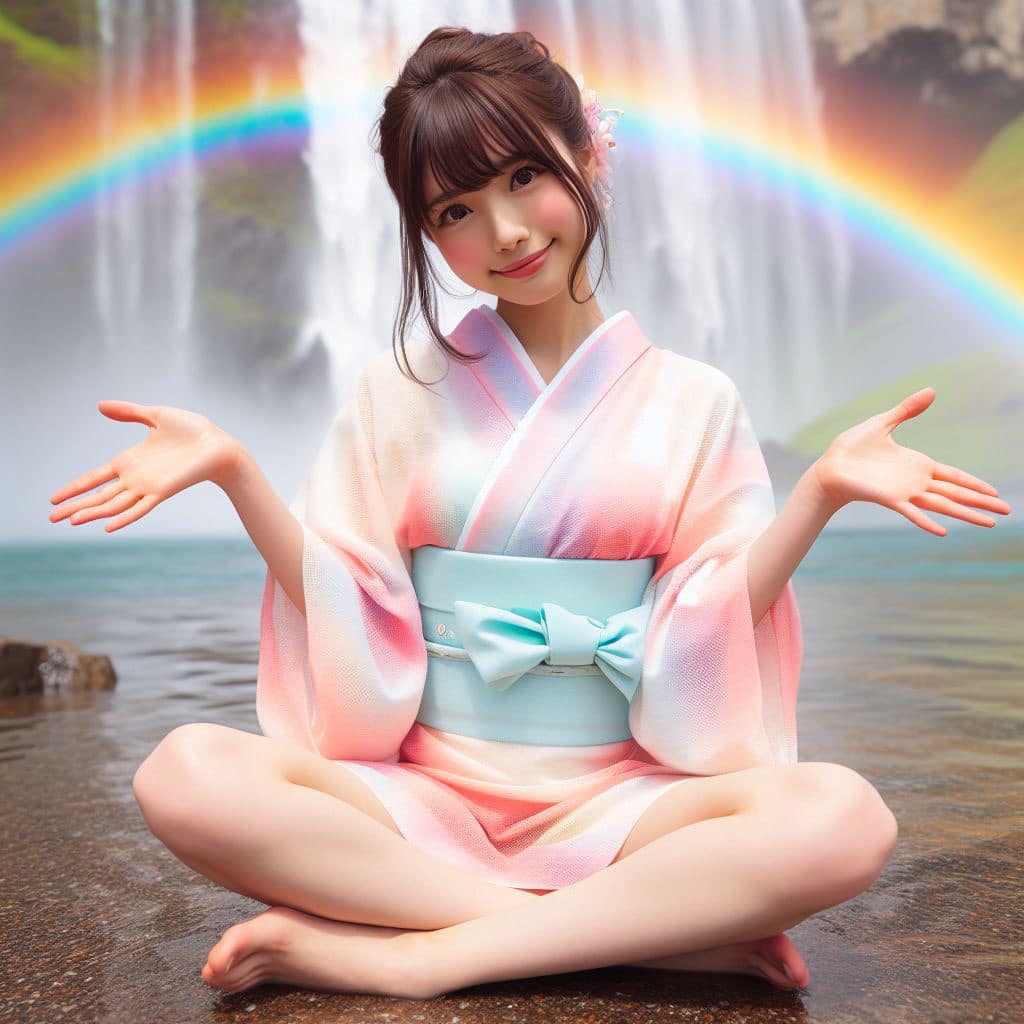 彩虹瀑布下的美女
