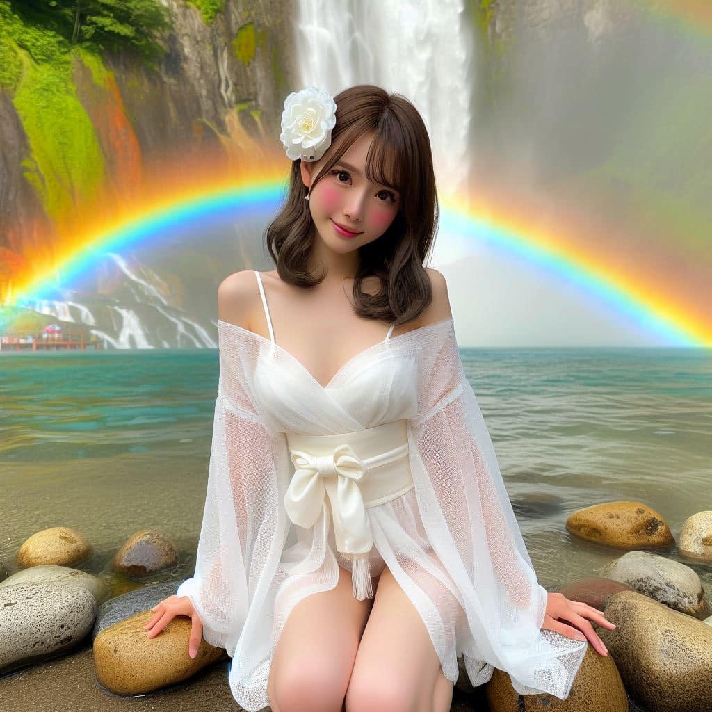 彩虹瀑布下的美女