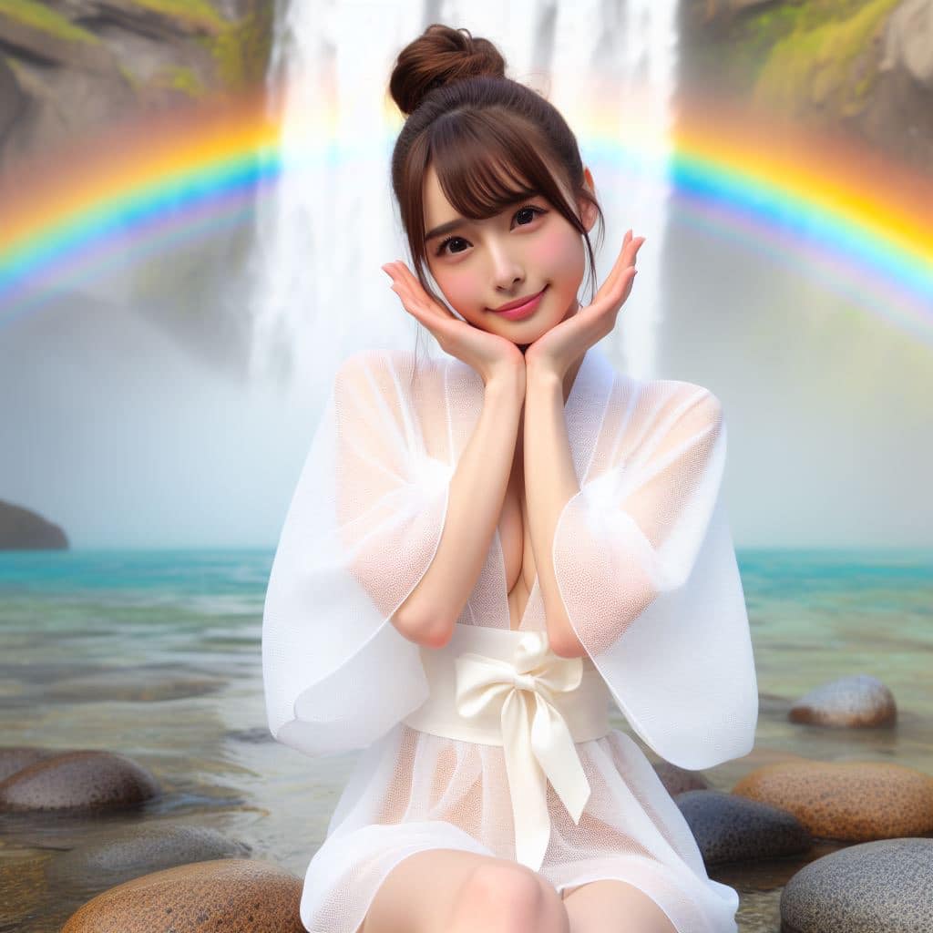 彩虹瀑布下的美女