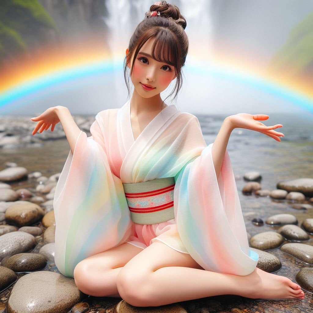 彩虹瀑布下的美女