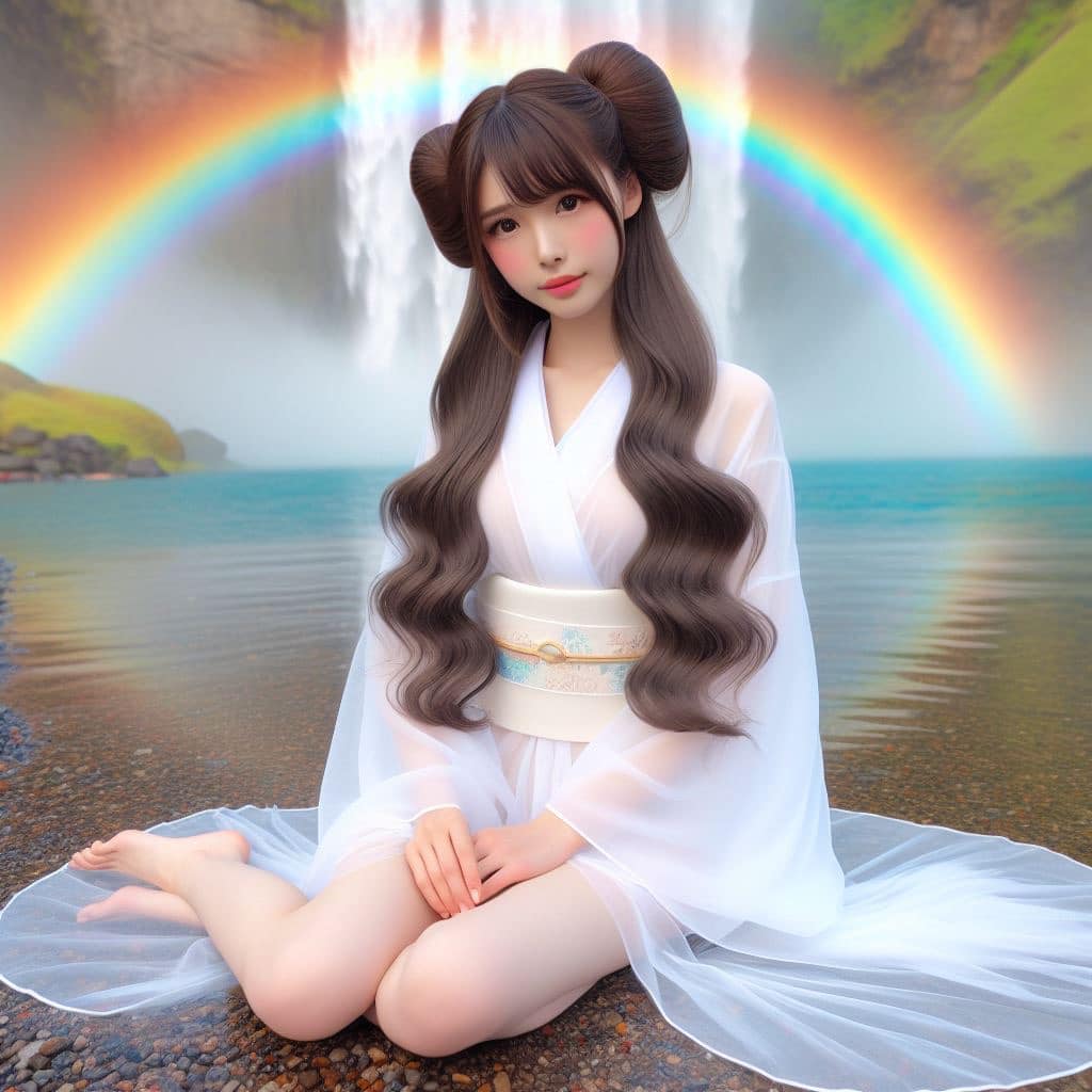 彩虹瀑布下的美女
