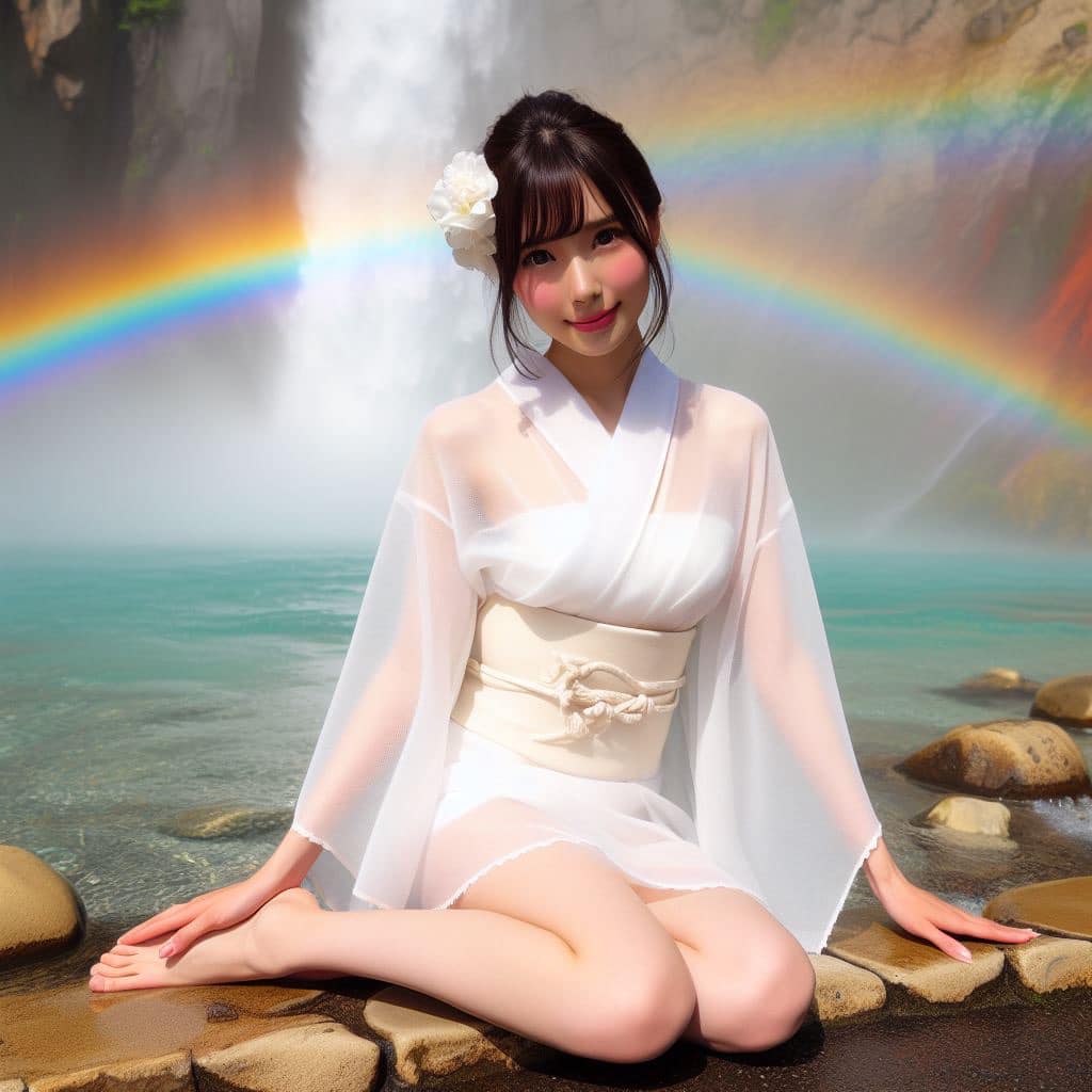 彩虹瀑布下的美女