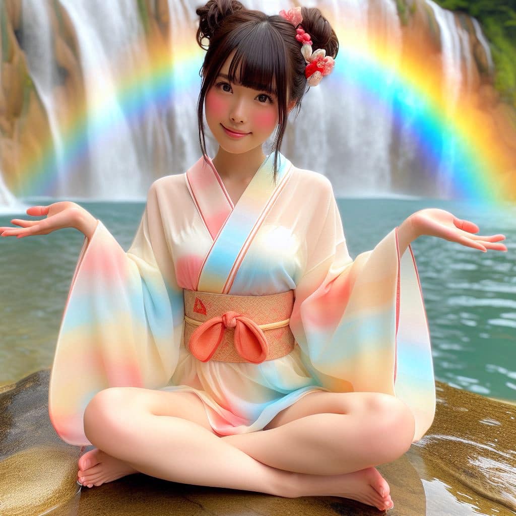 彩虹瀑布下的美女
