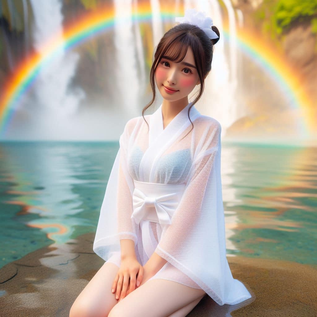 彩虹瀑布下的美女