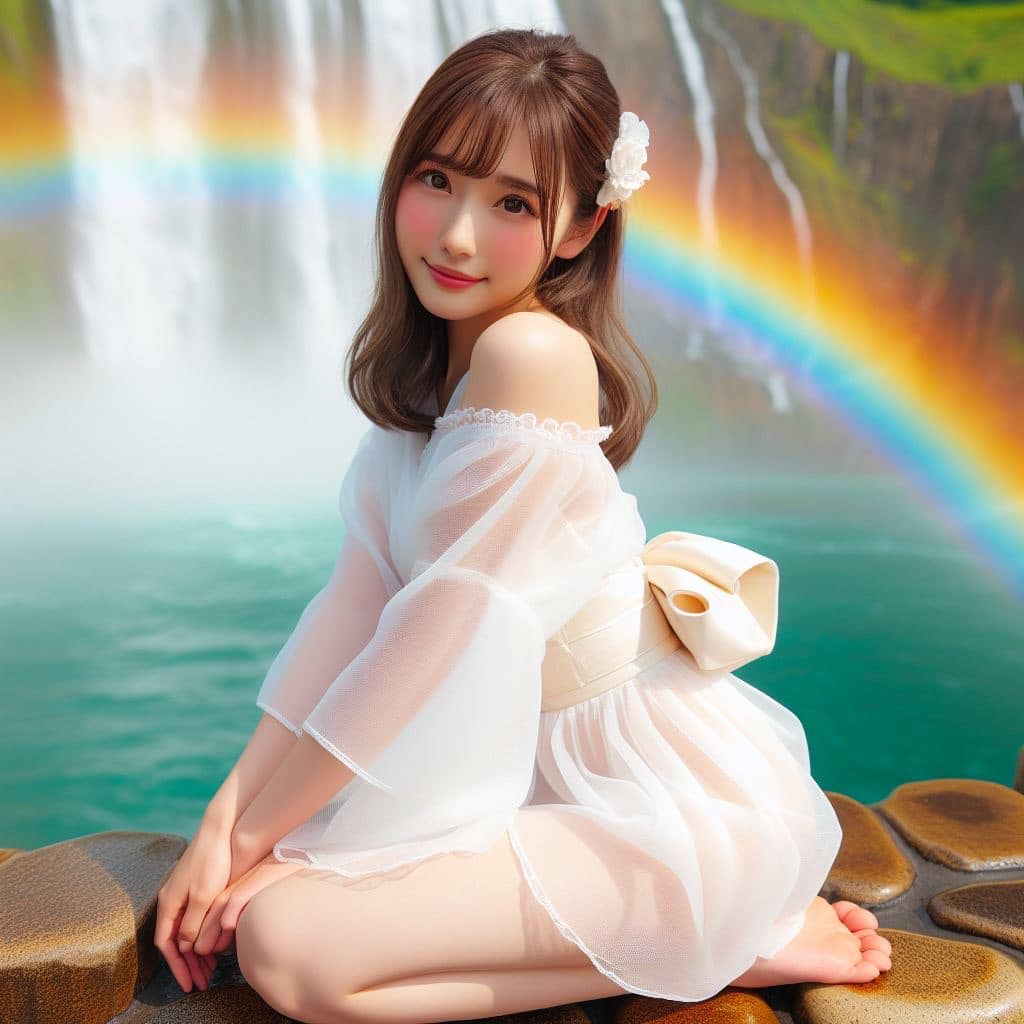 彩虹瀑布下的美女