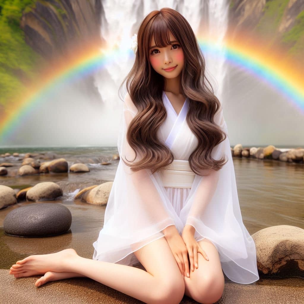 彩虹瀑布下的美女