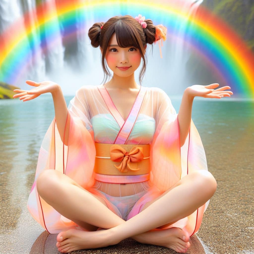 彩虹瀑布下的美女