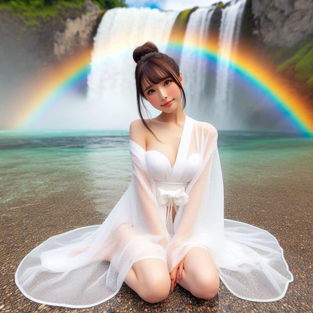 彩虹瀑布下的美女