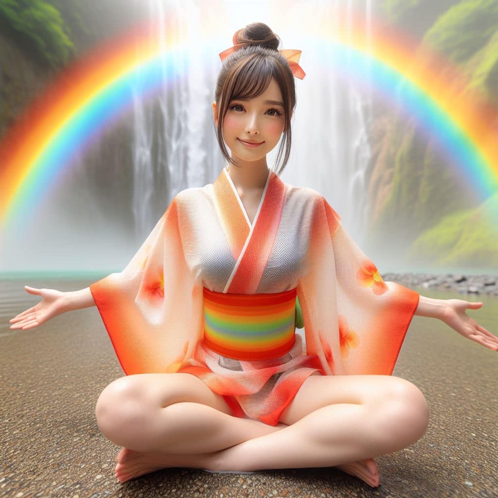 彩虹瀑布下的美女