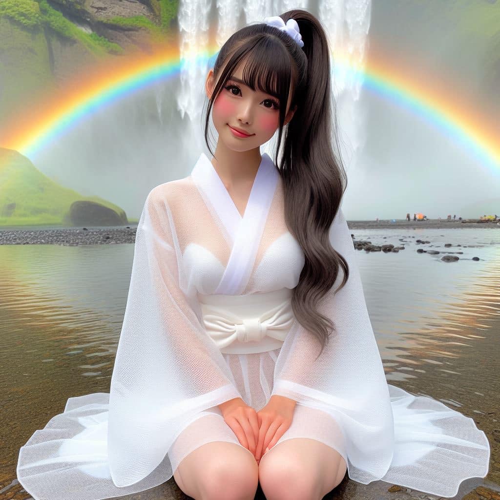 彩虹瀑布下的美女