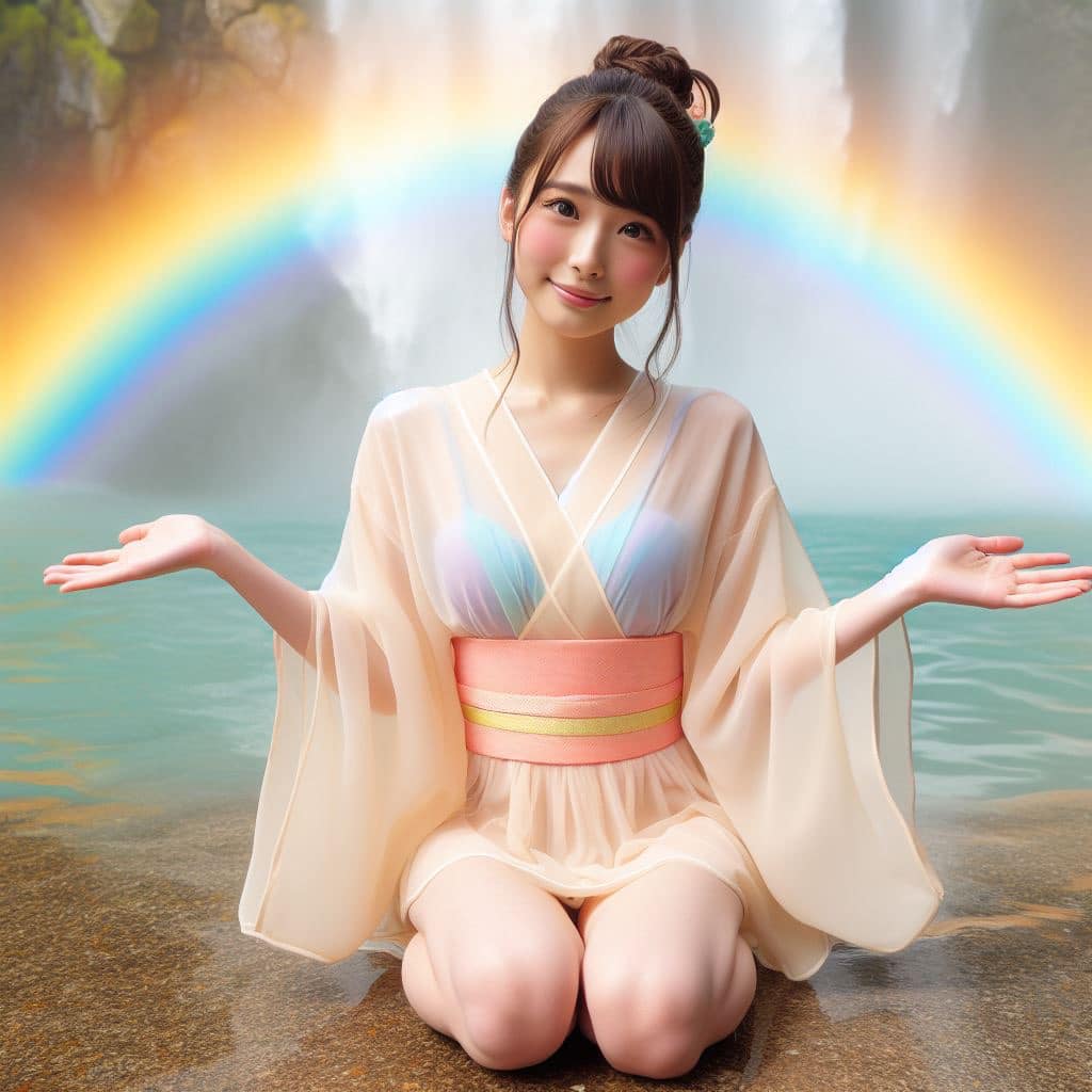 彩虹瀑布下的美女