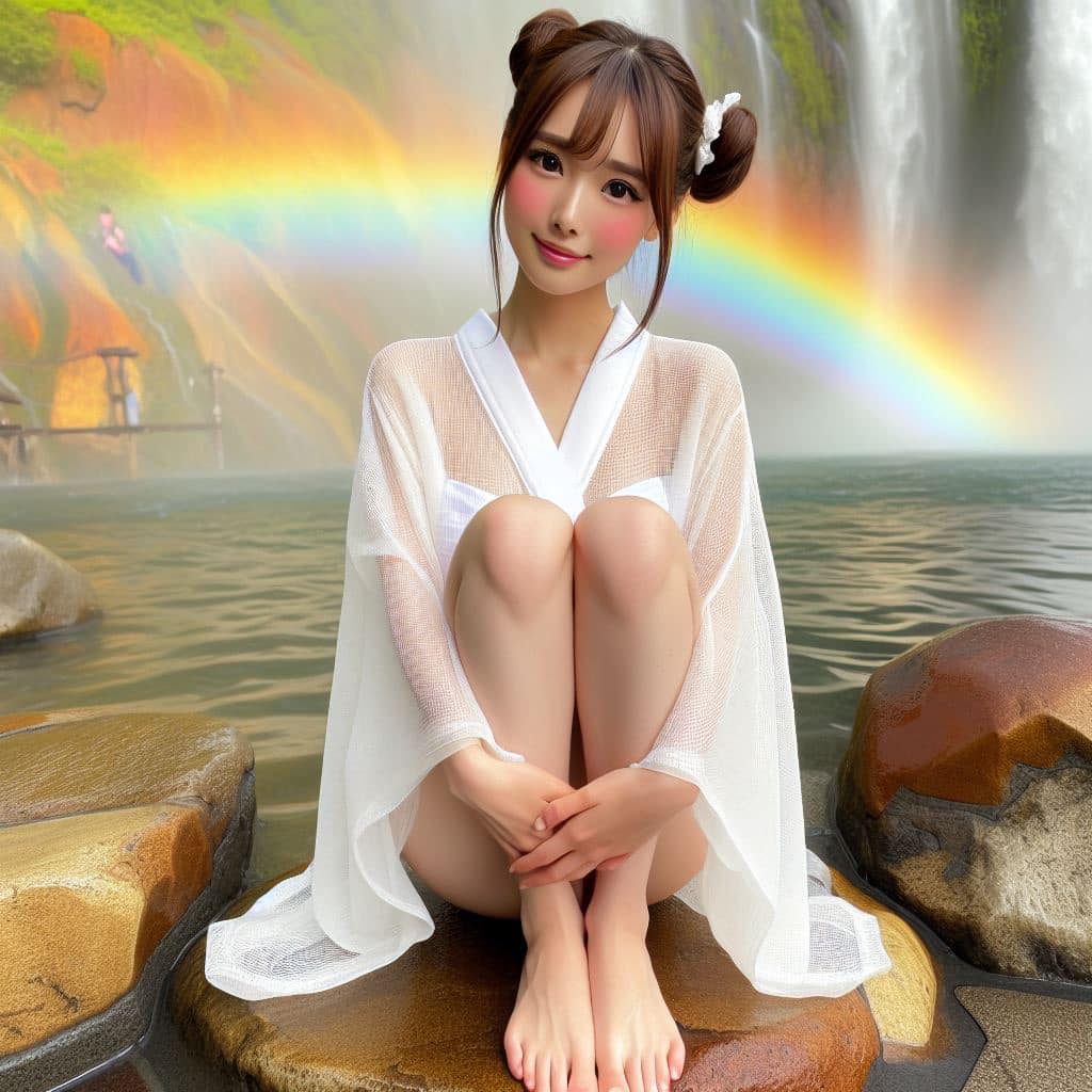 彩虹瀑布下的美女