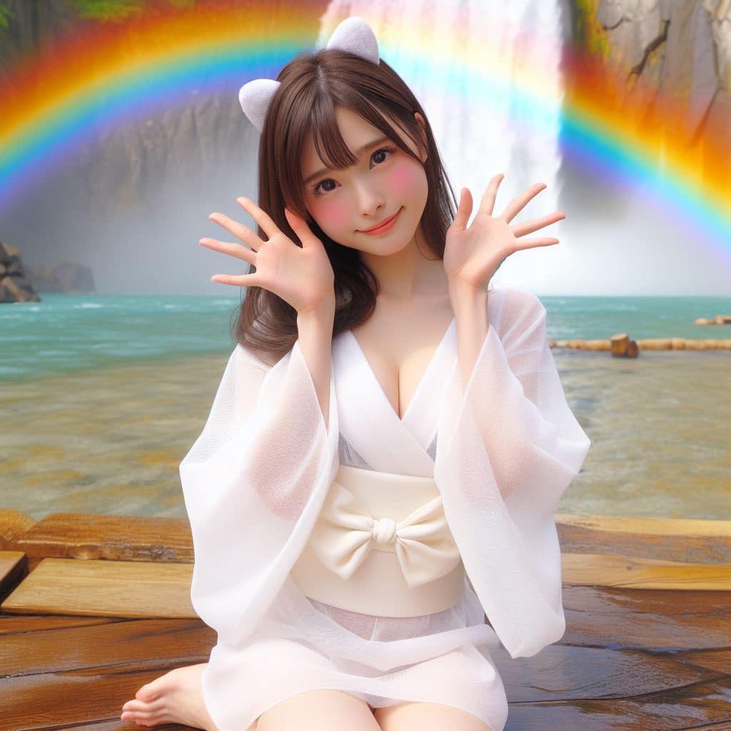 彩虹瀑布下的美女