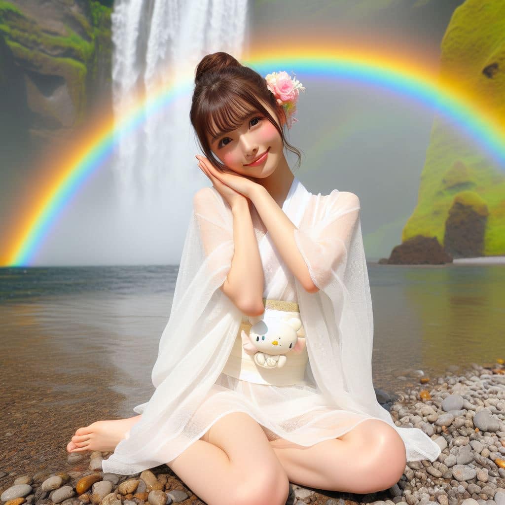 彩虹瀑布下的美女