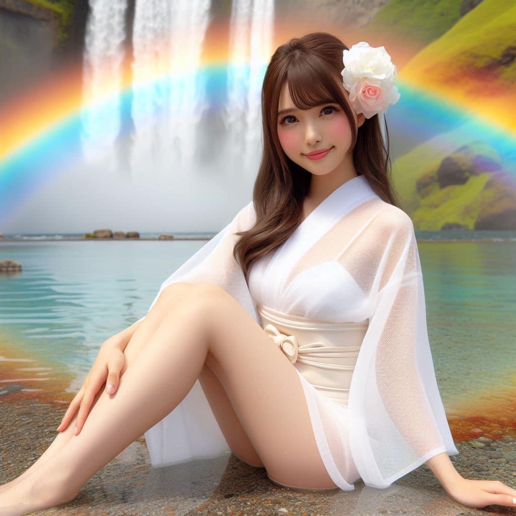 彩虹瀑布下的美女