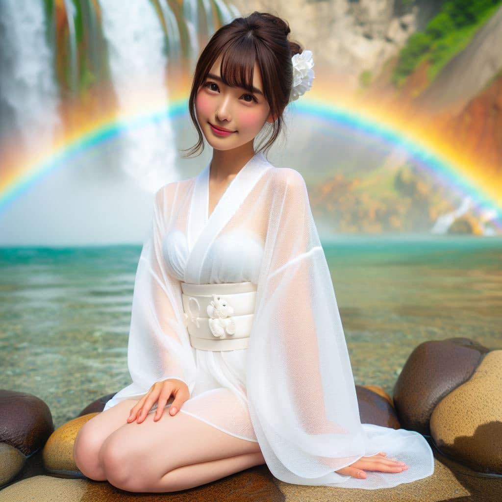 彩虹瀑布下的美女