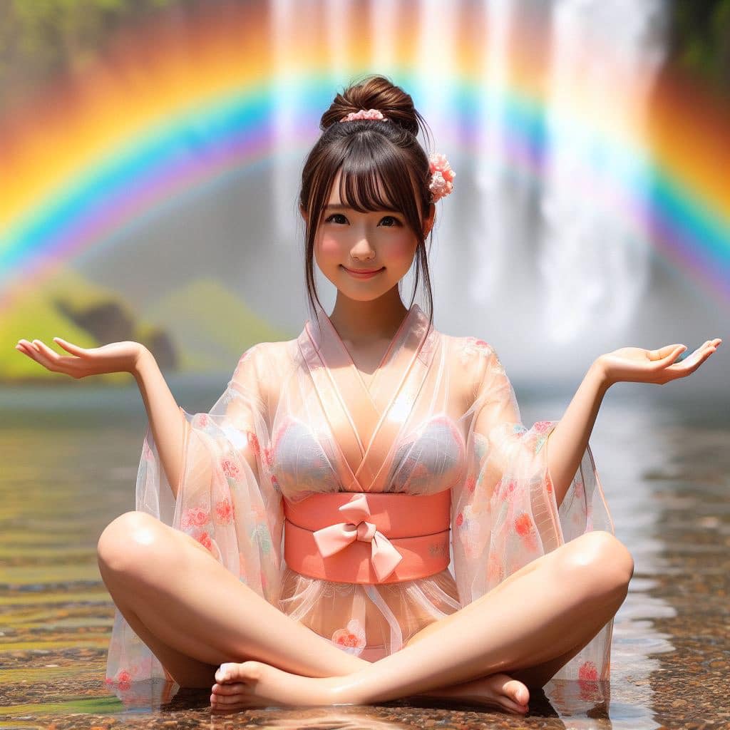 彩虹瀑布下的美女