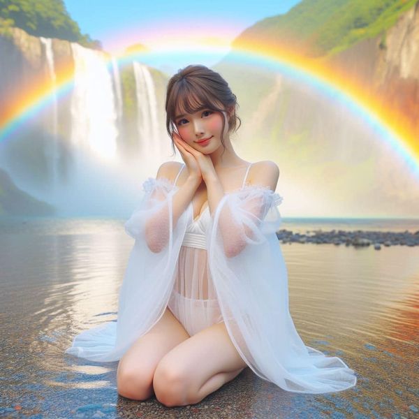 彩虹瀑布下的美女