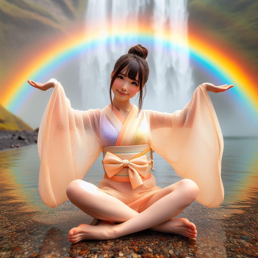 彩虹瀑布下的美女