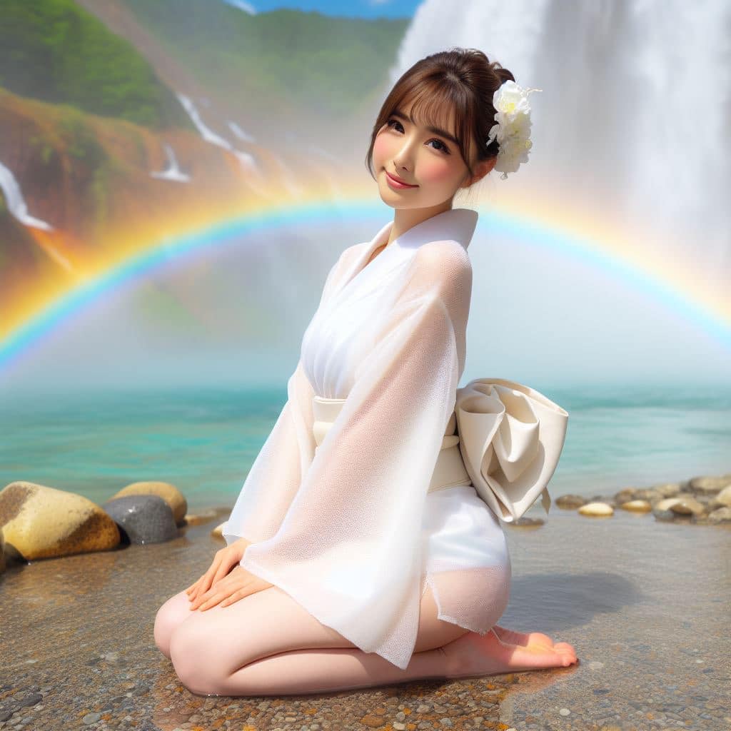彩虹瀑布下的美女