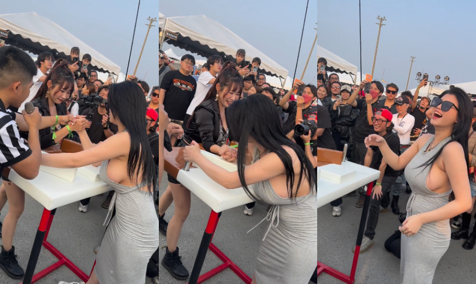 超巨側乳正妹比腕力壓倒性勝利　超大胸肌讓圍觀民眾瘋狂！