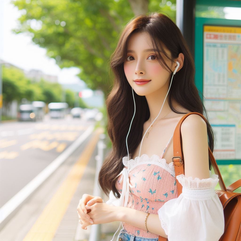 在鄉間的小公車站亭等公車的妹子